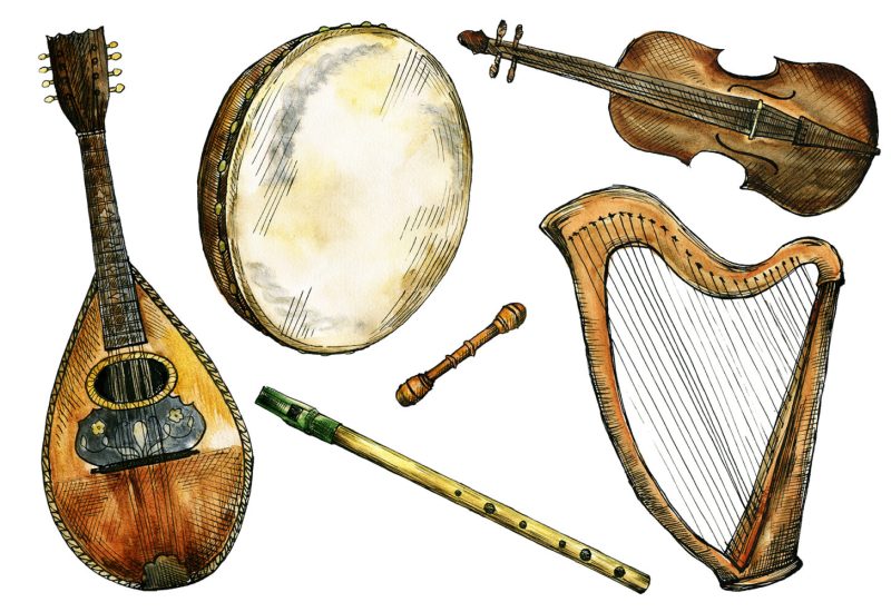 Watercolor and ink Irish folk music instruments